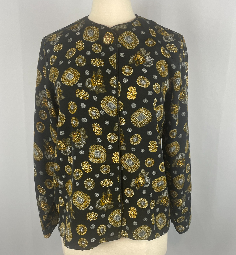 Vintage Blouse Top Size 10 Black Yellow Gold Brocade Patten Button Long Sleeve
